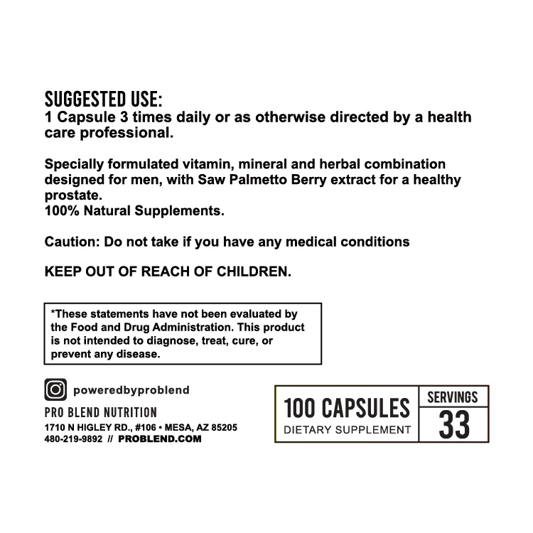 Supplement label showing dosage, 100 capsules, serving size, and contact info for Pro Blend Nutrition, featuring natural ingredients.