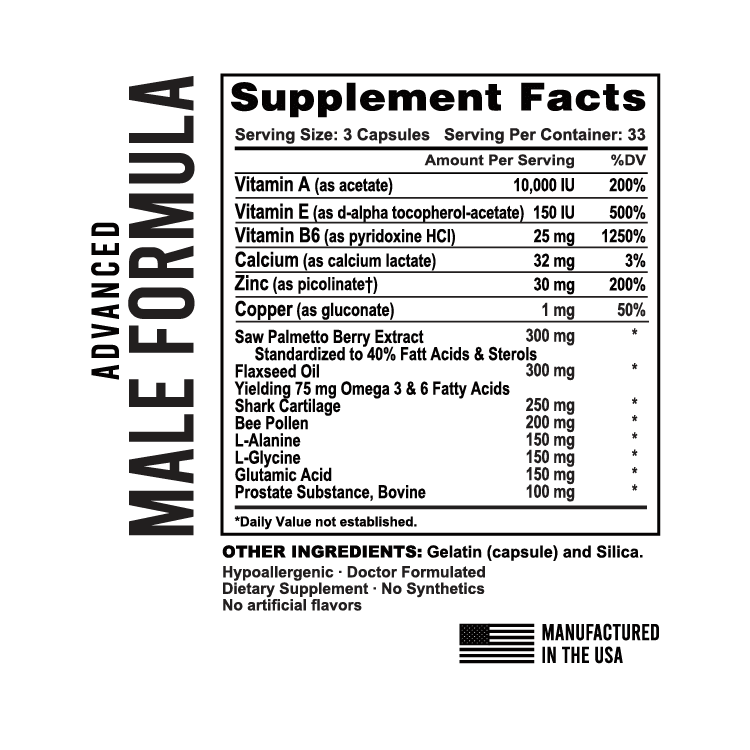 Advanced Male Formula supplement facts label, highlighting Saw Palmetto Berry Extract and complete multivitamins and minerals.