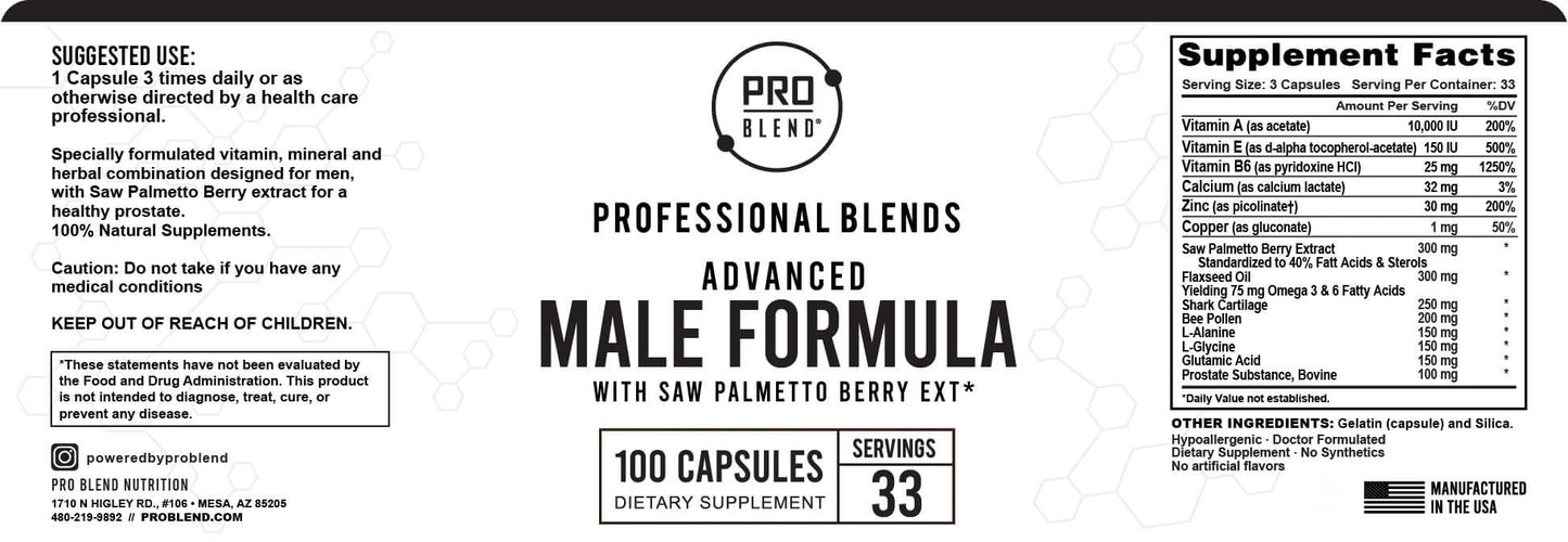Advanced Male Formula label featuring Saw Palmetto Berry Extract, Complete Multivitamins & Minerals, 100 Capsules, 33 Servings.