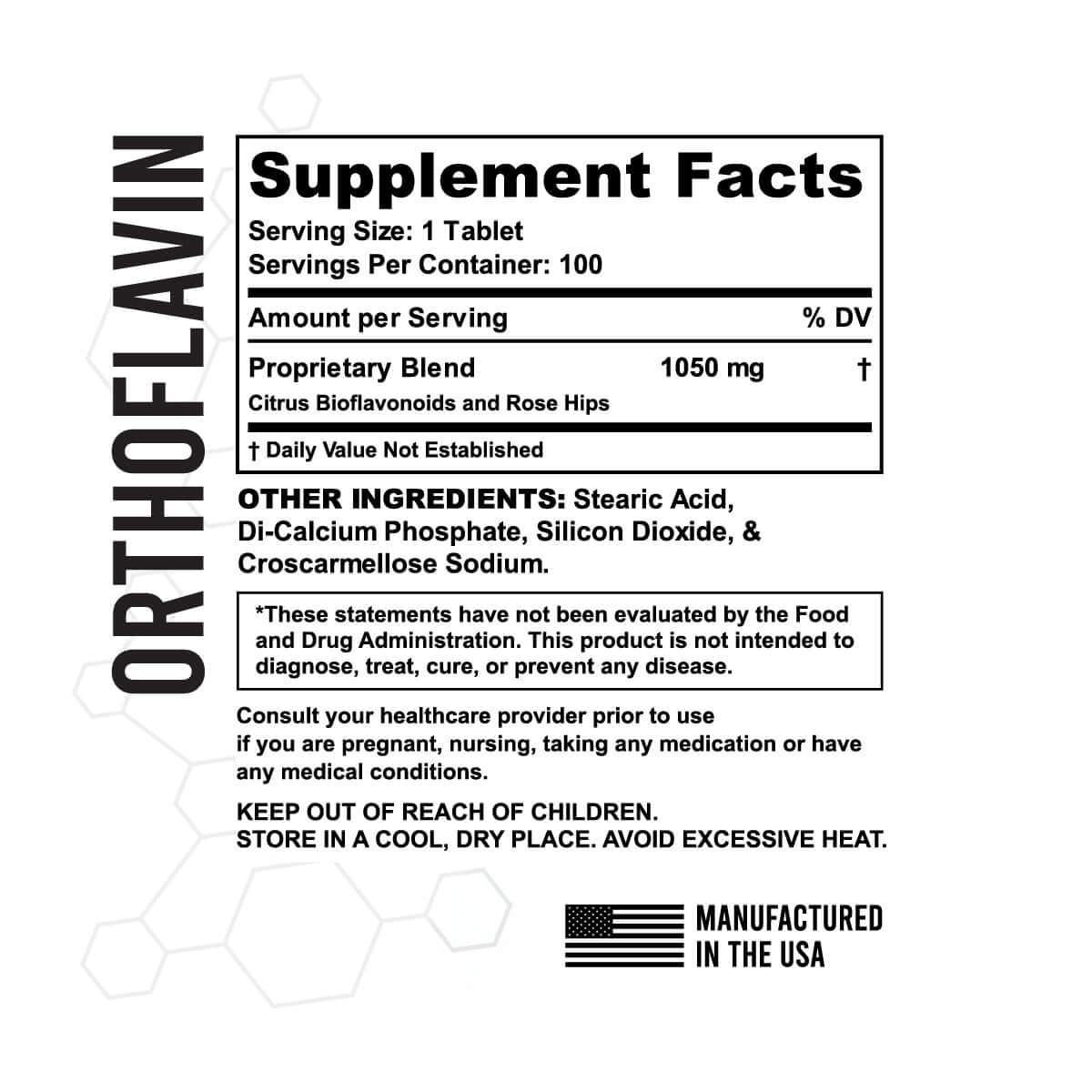 Bottle of OrthoFlavin Citrus Bioflavonoids & Rose Hips with 100 tablets, promoting immune support and antioxidant benefits.