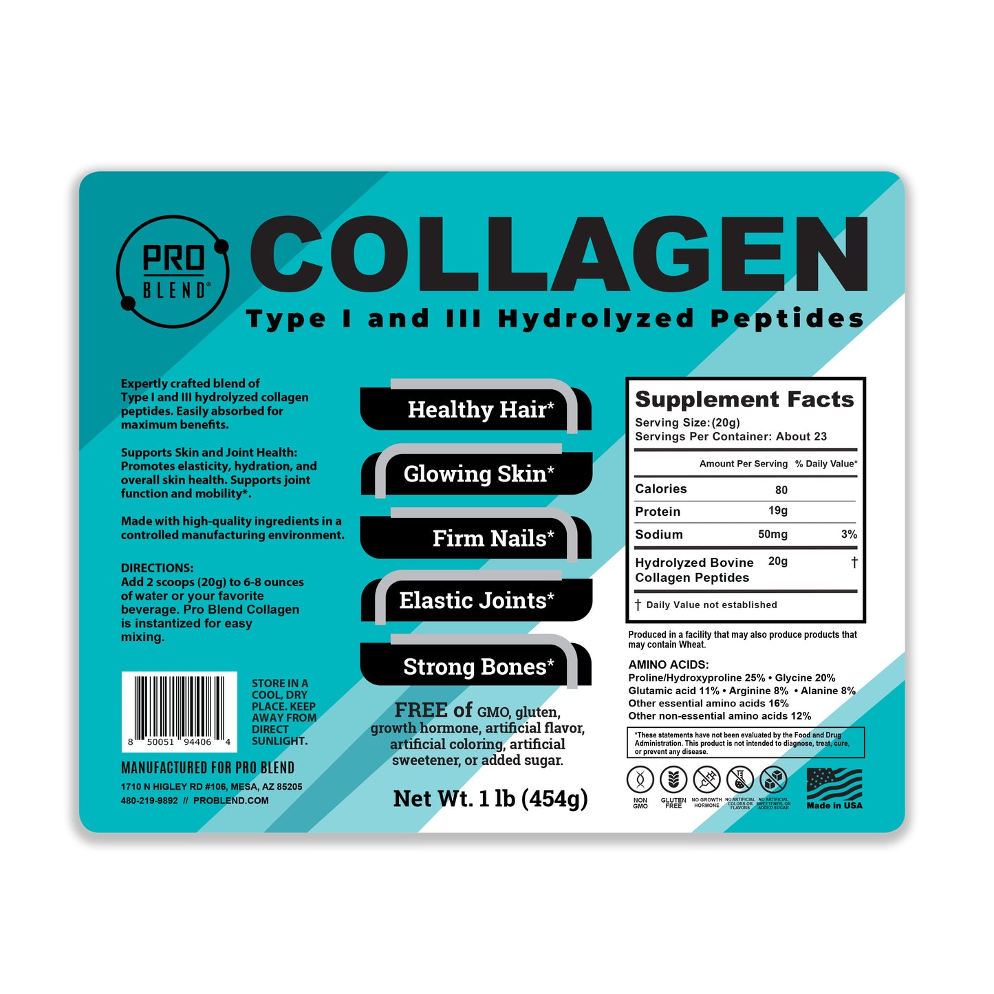 PRO BLEND COLLAGEN, Type I and III Hydrolyzed Peptides 1lb