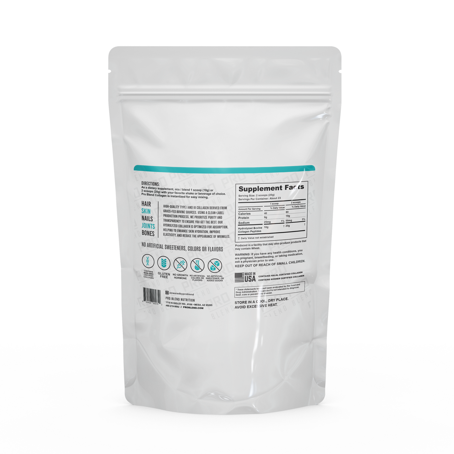 Pro Blend Collagen 1lb white pouch with Supplements Facts