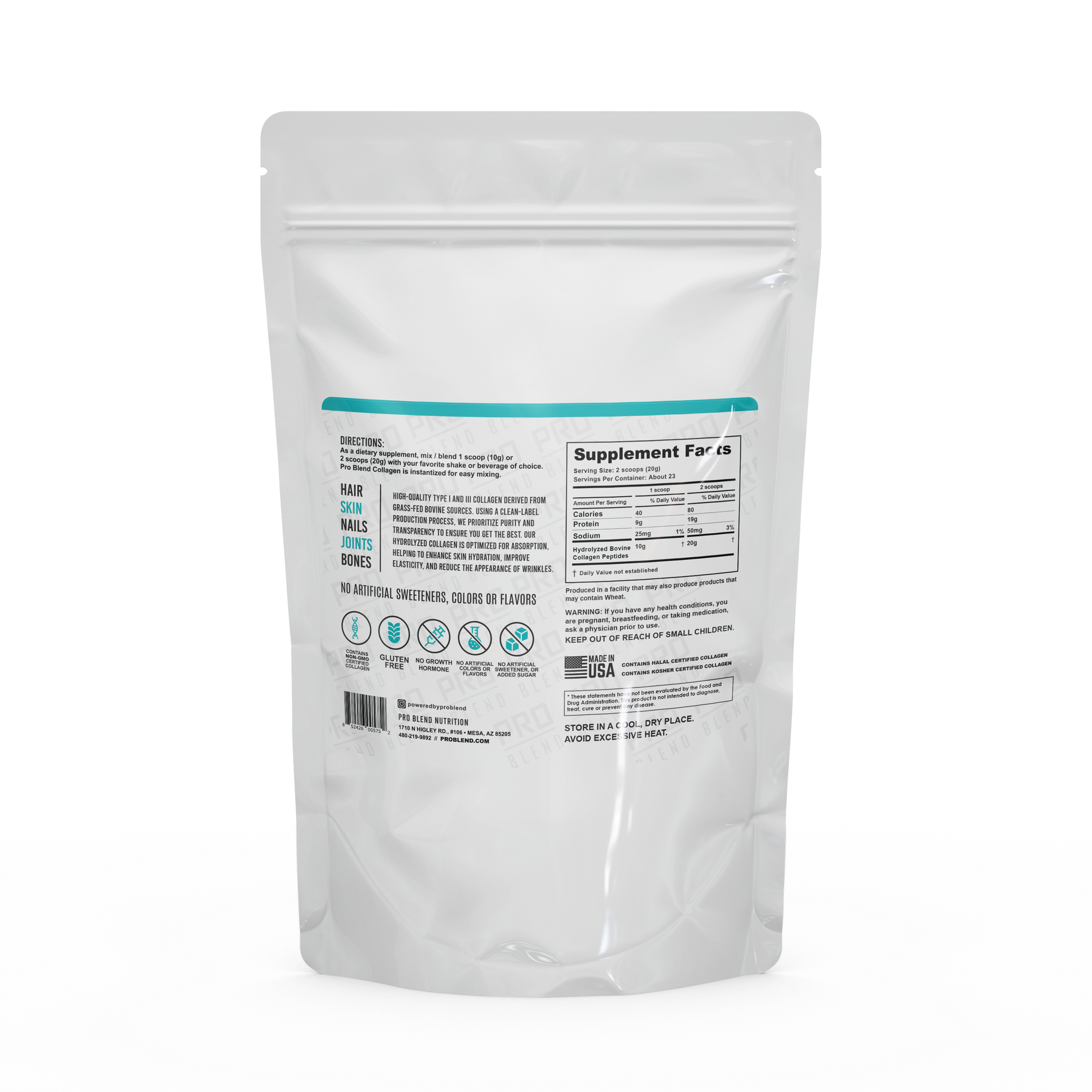Pro Blend Collagen 1lb white pouch with Supplements Facts