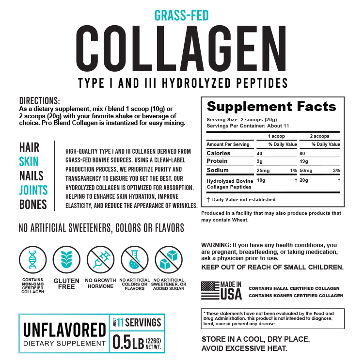 PRO BLEND Grass-Fed Collagen Peptides | Type I & III | Hydrolyzed Bovine Protein – 0.5 lb