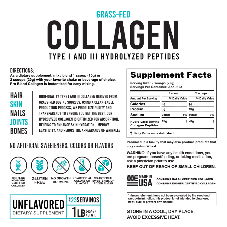 PRO BLEND Grass-Fed Collagen Powder – Type I & III, 1lb