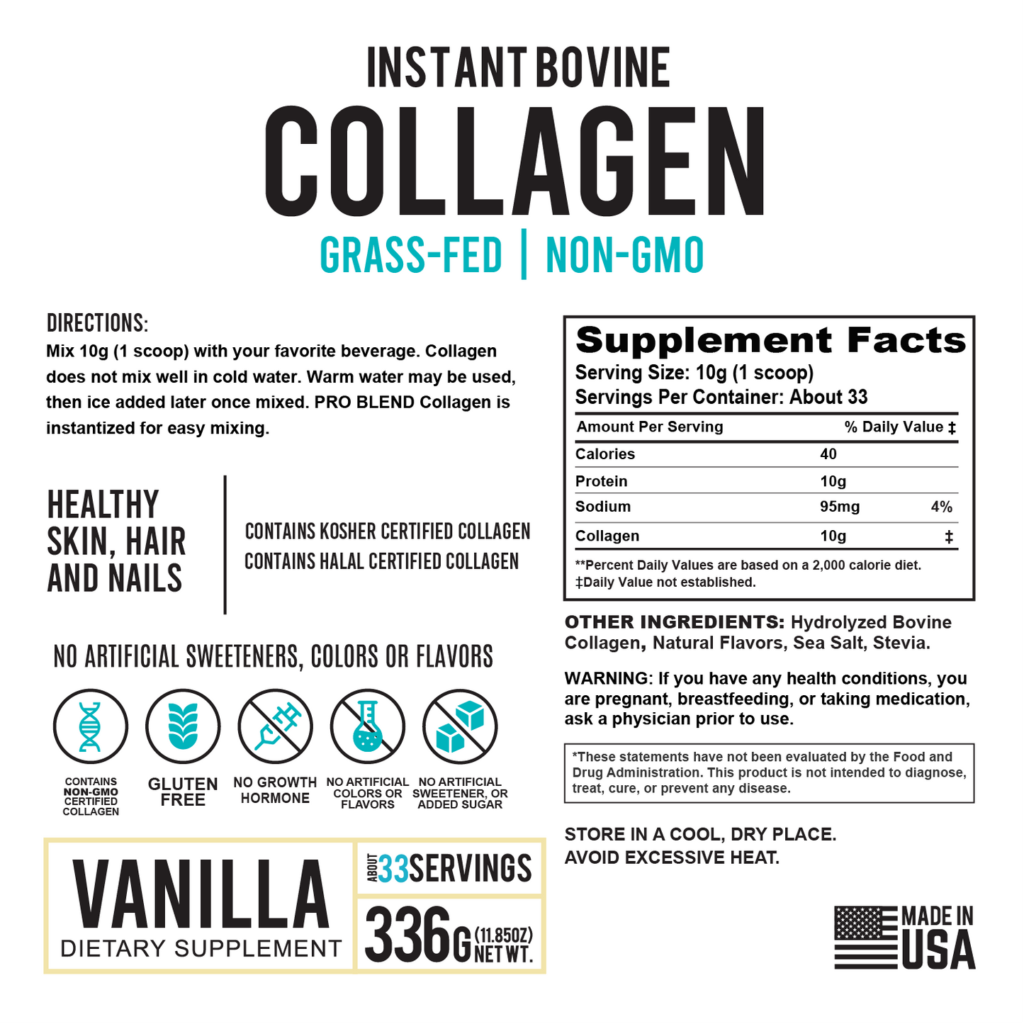 Instant Bovine Collagen Powder – Grass-Fed, Non-GMO, Vanilla, Kosher & Halal Certified