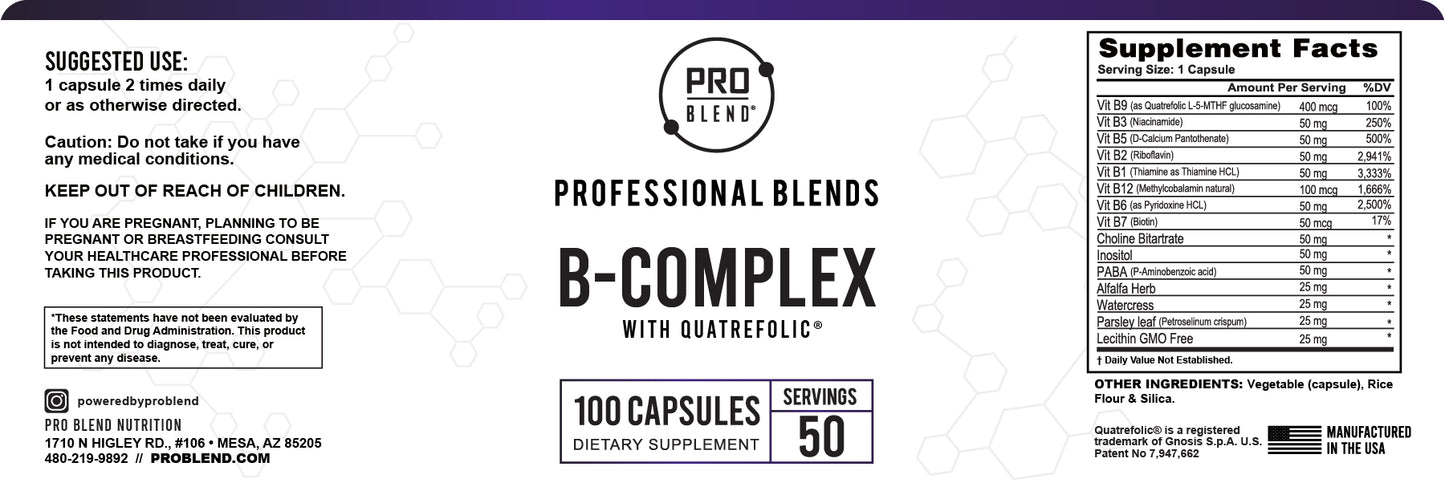 ProBlend Premium B Complex – Quatrefolic® activated folate for energy, metabolism, and nerve health (100 capsules).