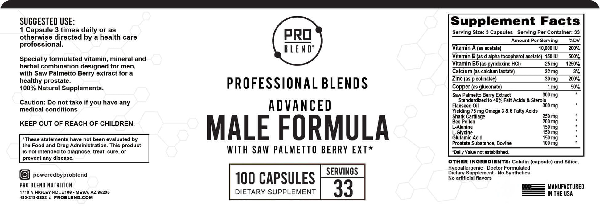 Advanced Male Formula label featuring Saw Palmetto Berry Extract, Complete Multivitamins & Minerals, 100 Capsules, 33 Servings.