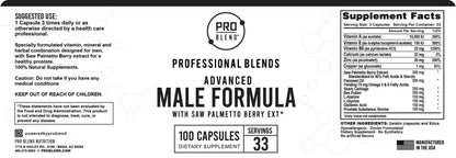 Advanced Male Formula label featuring Saw Palmetto Berry Extract, Complete Multivitamins & Minerals, 100 Capsules, 33 Servings.