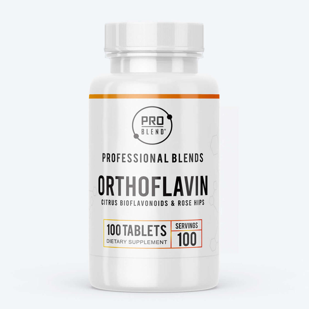 Bottle of OrthoFlavin Citrus Bioflavonoids & Rose Hips with 100 tablets, promoting immune support and antioxidant benefits.