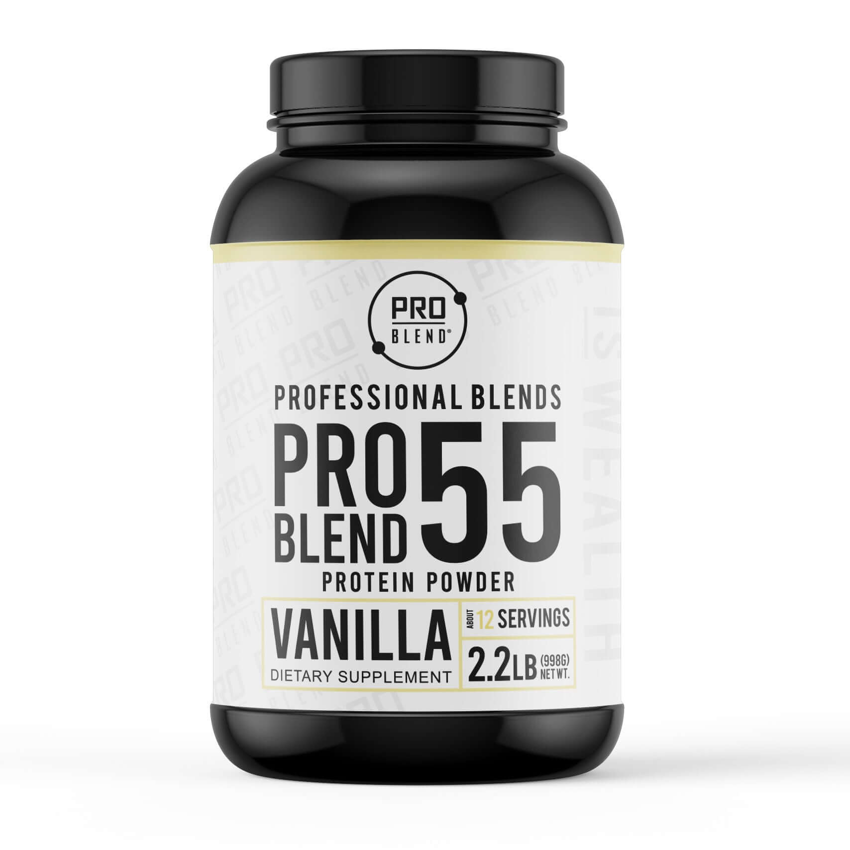 Pro Blend 55 Vanilla Protein Powder 2.2lb container, featuring a clean label and premium protein blend for lean muscle and recovery.