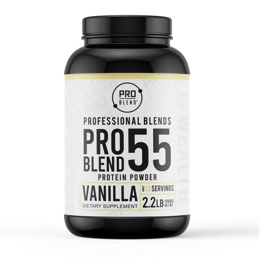 Pro Blend 55 Vanilla Protein Powder 2.2lb container, featuring a clean label and premium protein blend for lean muscle and recovery.