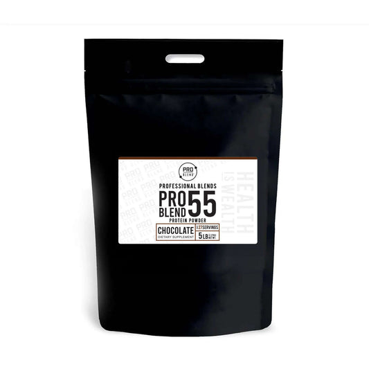 Pro Blend 55 Protein Powder 5lb container in chocolate flavor, featuring clean ingredients and high protein content for muscle support.