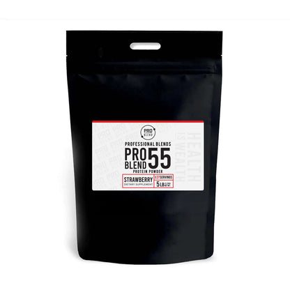 Pro Blend 55 Protein Powder 5lb bag in Strawberry flavor, featuring clean packaging and premium protein formula.
