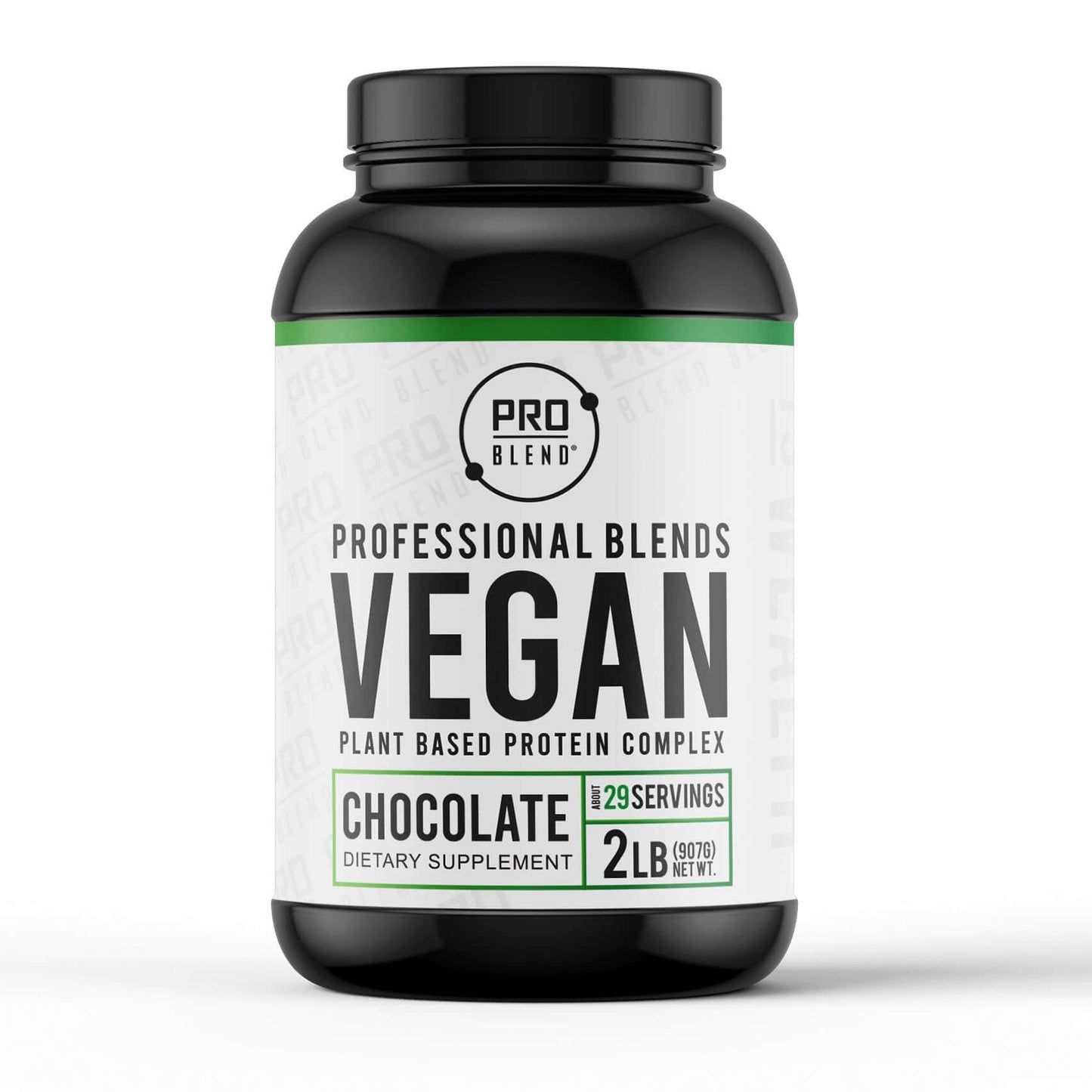 A 2lb container of Pro Blend Plant-Based Protein Powder, a vegan-friendly protein blend made from pea, brown rice, and quinoa protein. Available in vanilla and chocolate flavors.