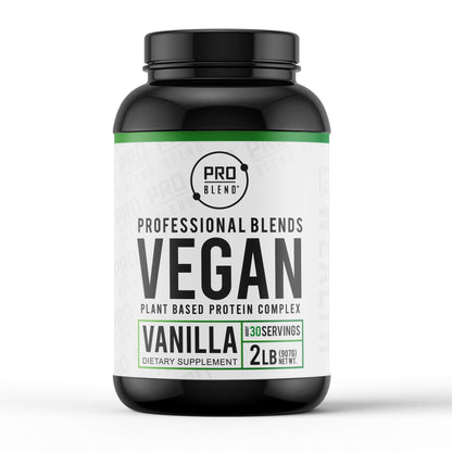 A 2lb container of Pro Blend Plant-Based Protein Powder, a vegan-friendly protein blend made from pea, brown rice, and quinoa protein. Available in vanilla and chocolate flavors.