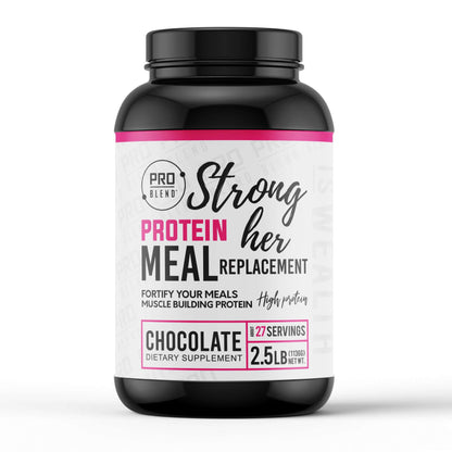 Strong Her Protein Meal Replacement 2.5lb container in chocolate and vanilla flavors, designed for balanced nutrition and convenience.