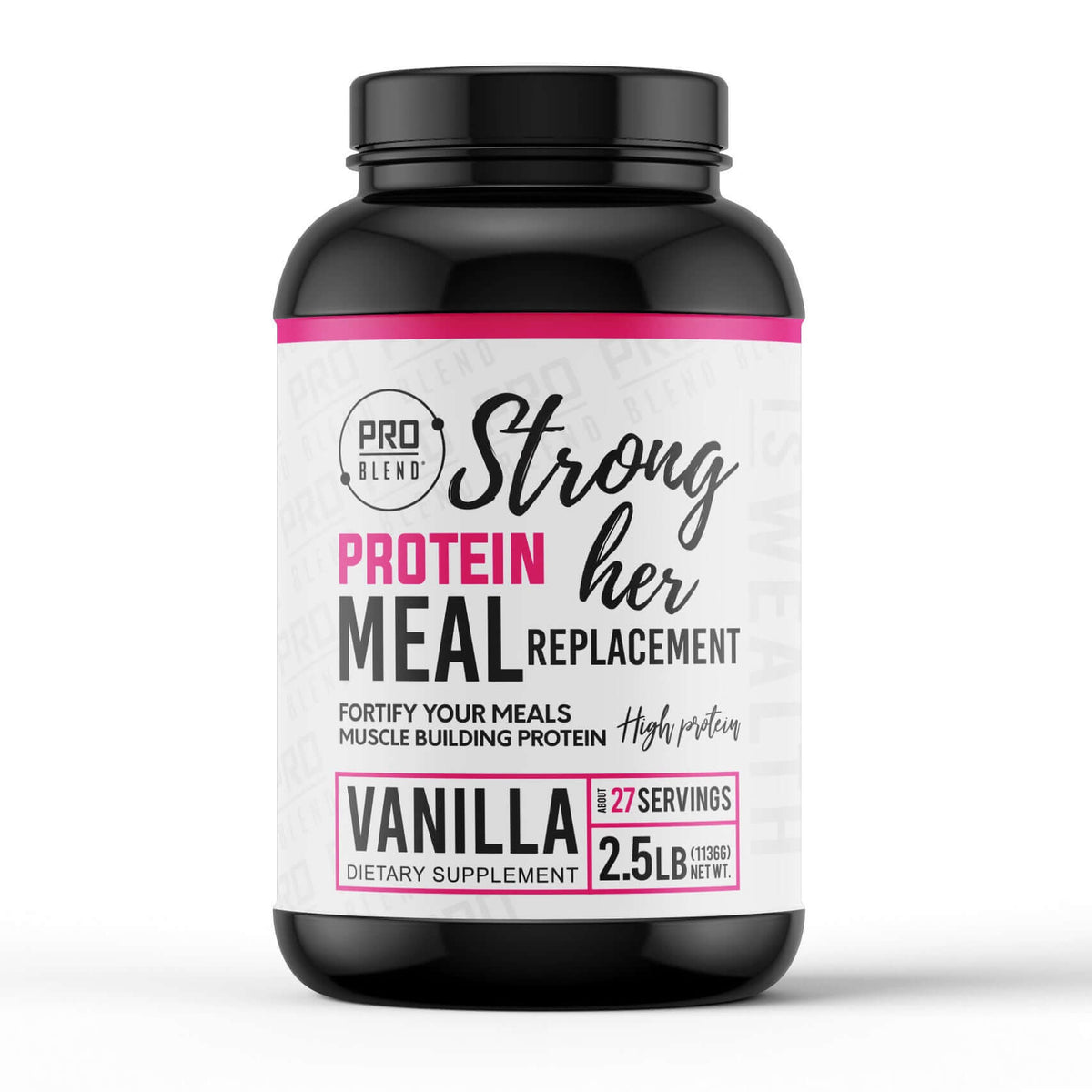 Strong Her Protein Meal Replacement 2.5lb container in chocolate and vanilla flavors, designed for balanced nutrition and convenience.