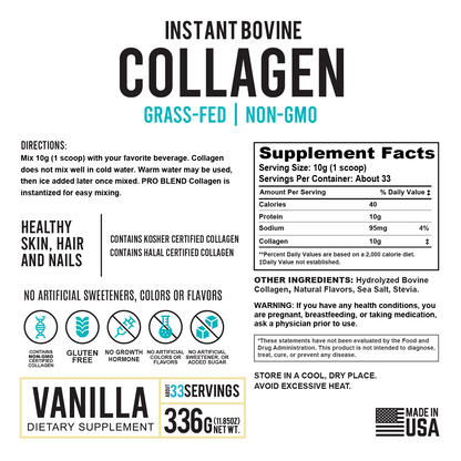 Instant Bovine Collagen Powder – Grass-Fed, Non-GMO, Vanilla, Kosher & Halal Certified
