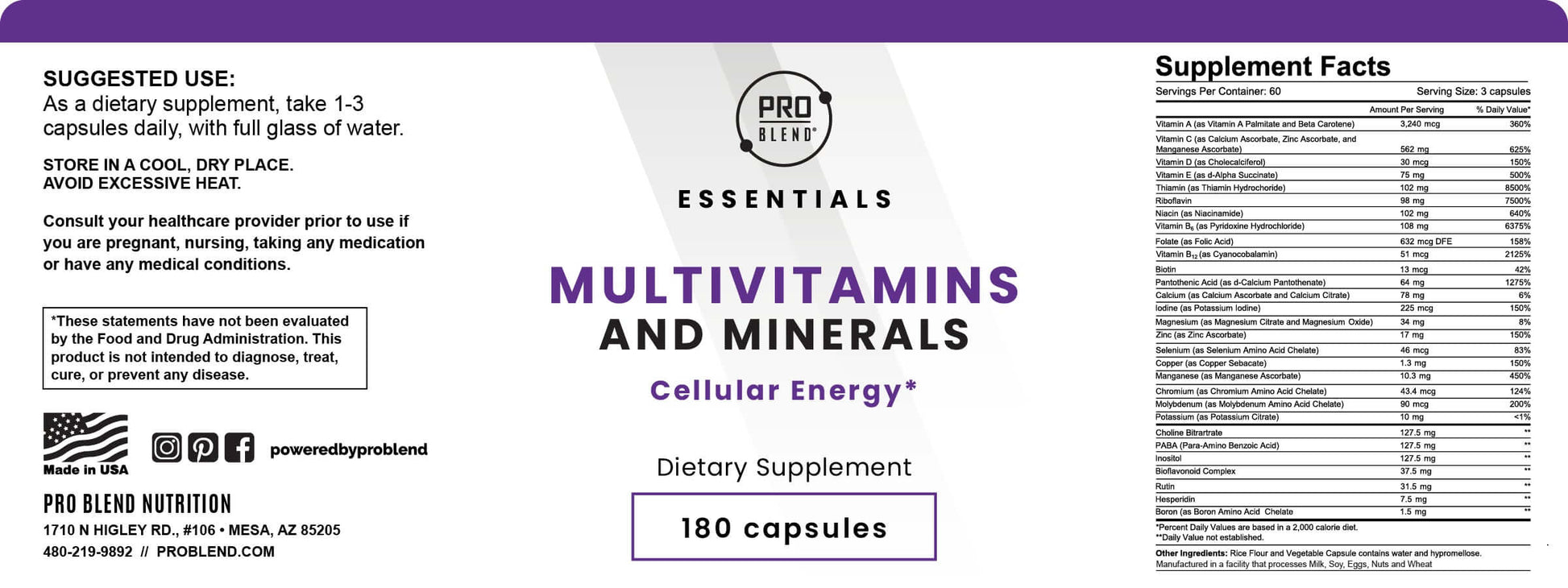 MULTIVITAMINS AND MINERALS, Cellular Energy*, 180 Capsules PRO BLEND