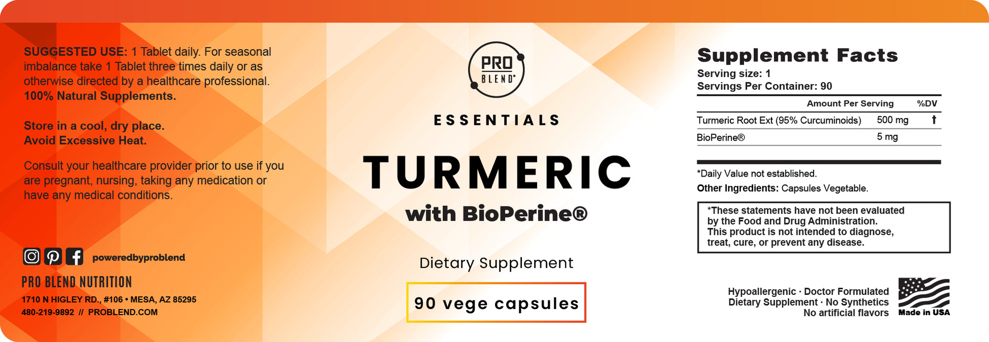 TURMERIC with BioPerine®, 90 Vege Capsules PRO BLEND