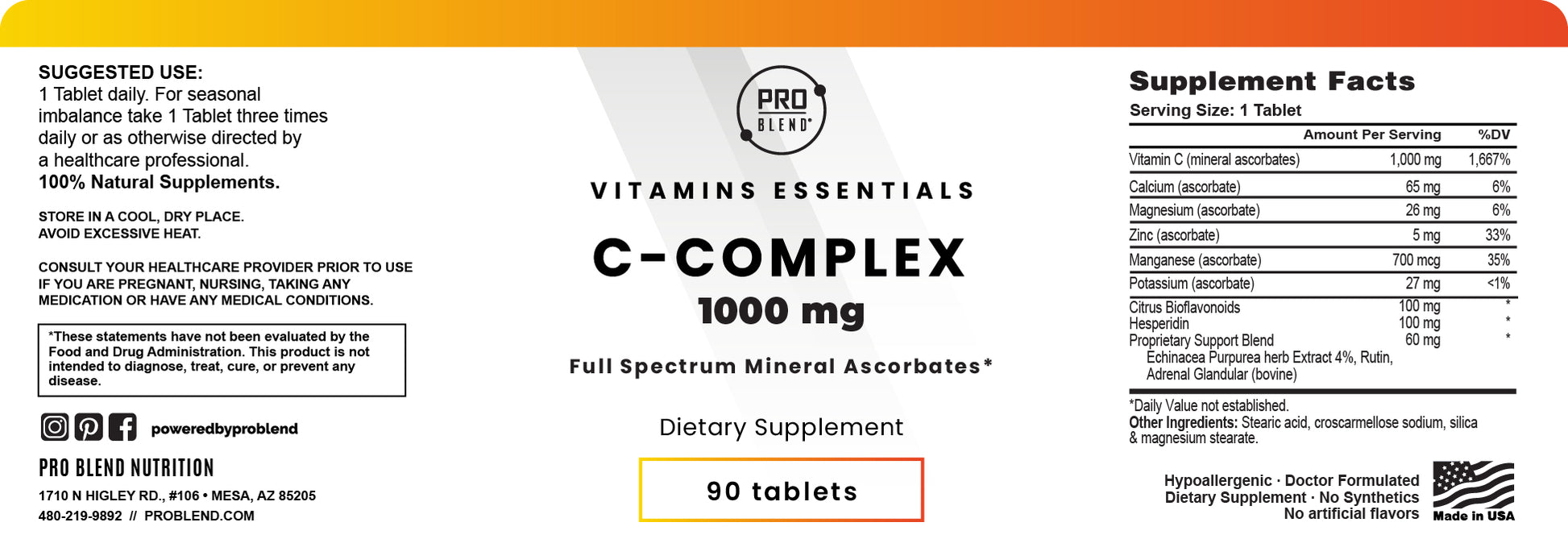VITAMIN C, Complex Full Spectrum Mineral Ascorbates, 90 Tablets PRO BLEND
